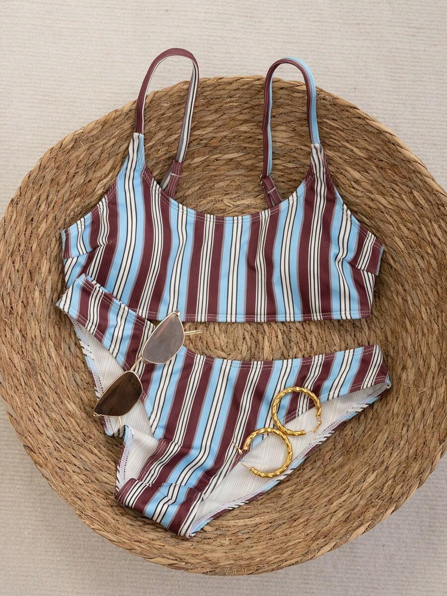 Apricot ribbed high waist two piece bikini swimsuit set for women featuring backless spaghetti strap top and high waisted bottoms.