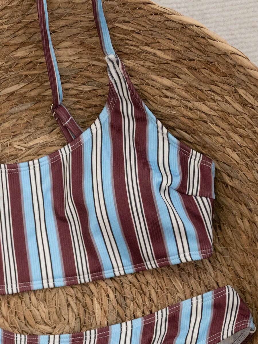 Apricot ribbed high waist two piece bikini swimsuit set for women featuring backless spaghetti strap top and high waisted bottoms.