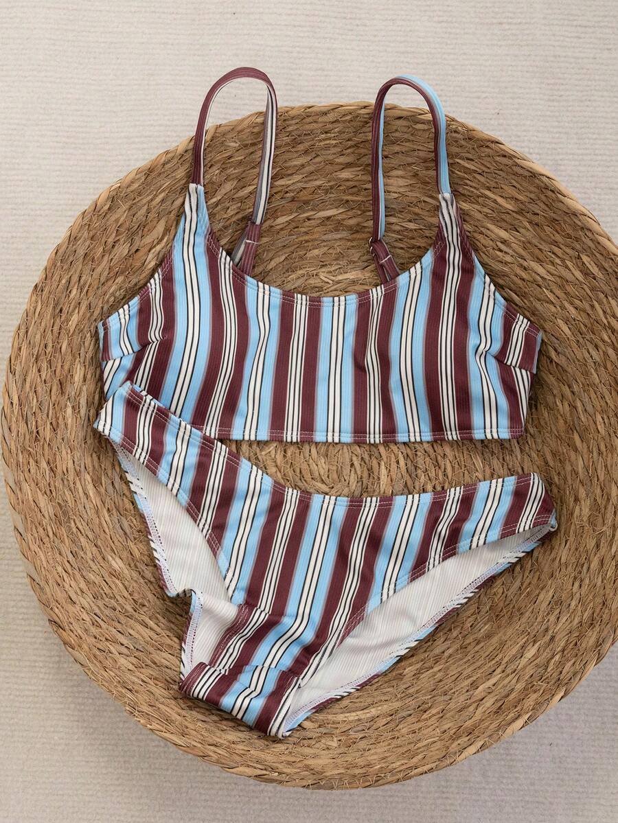 Apricot ribbed high waist two piece bikini swimsuit set for women featuring backless spaghetti strap top and high waisted bottoms.