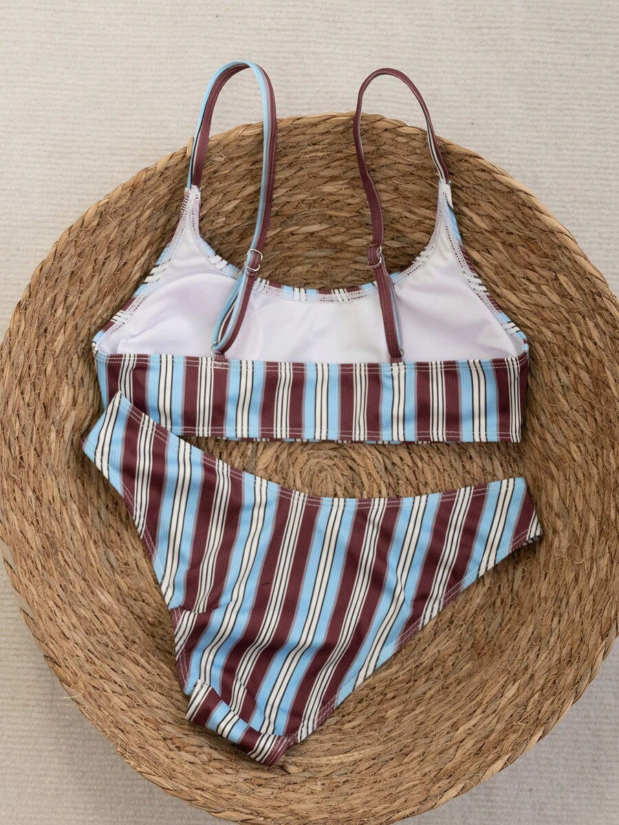 Apricot ribbed high waist two piece bikini swimsuit set for women featuring backless spaghetti strap top and high waisted bottoms.