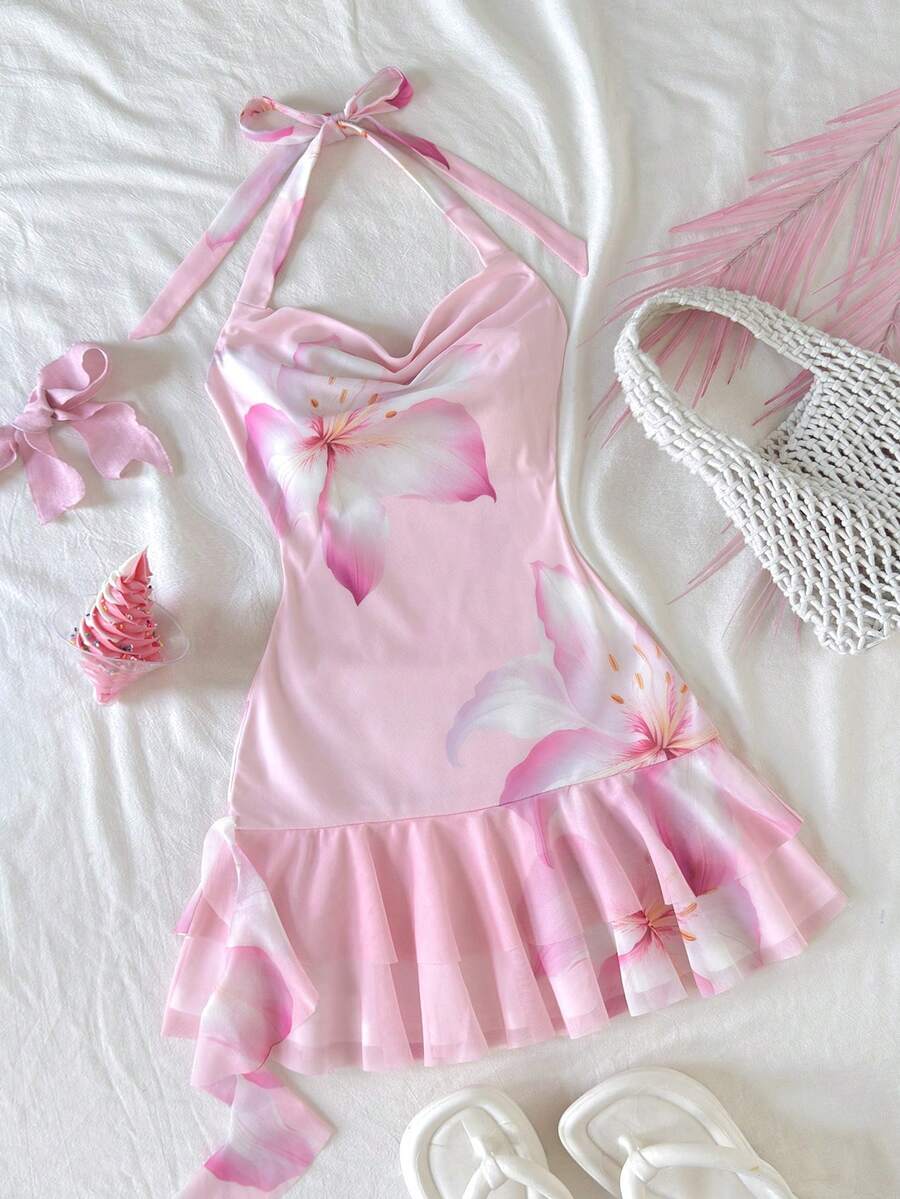 Pink sleeveless tween girls vacation cami dress with spaghetti straps, tiered layer detail, flounce ruffle hem, slim fit, and built-in shorts.