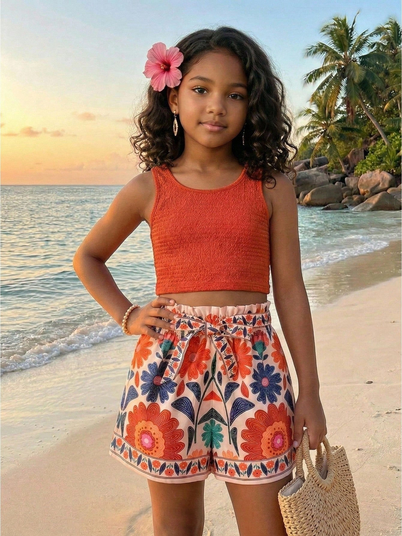 Tween girls 2-piece summer set featuring a turquoise blue ribbed tank top and tropical leaf pattern belted shorts.