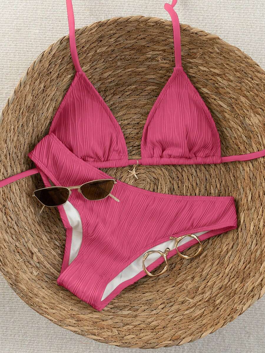 Women's apricot 2-piece halter bikini set featuring a wireless triangle top with tie-back detail and high-waisted high-cut bottoms.