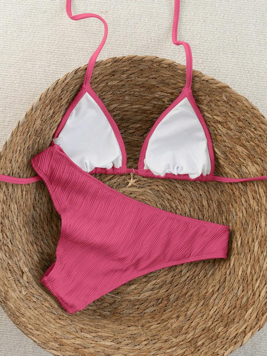 Women's apricot 2-piece halter bikini set featuring a wireless triangle top with tie-back detail and high-waisted high-cut bottoms.