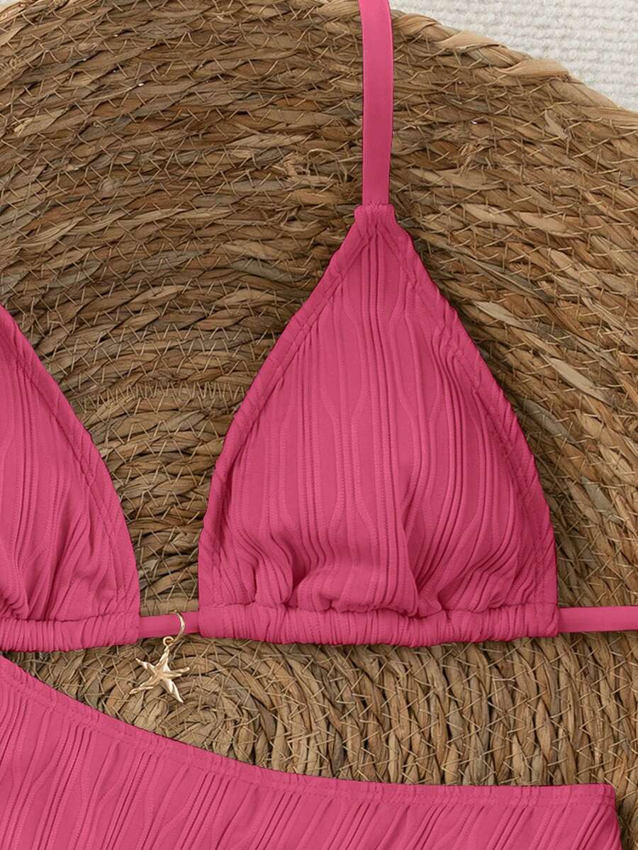 Women's apricot 2-piece halter bikini set featuring a wireless triangle top with tie-back detail and high-waisted high-cut bottoms.