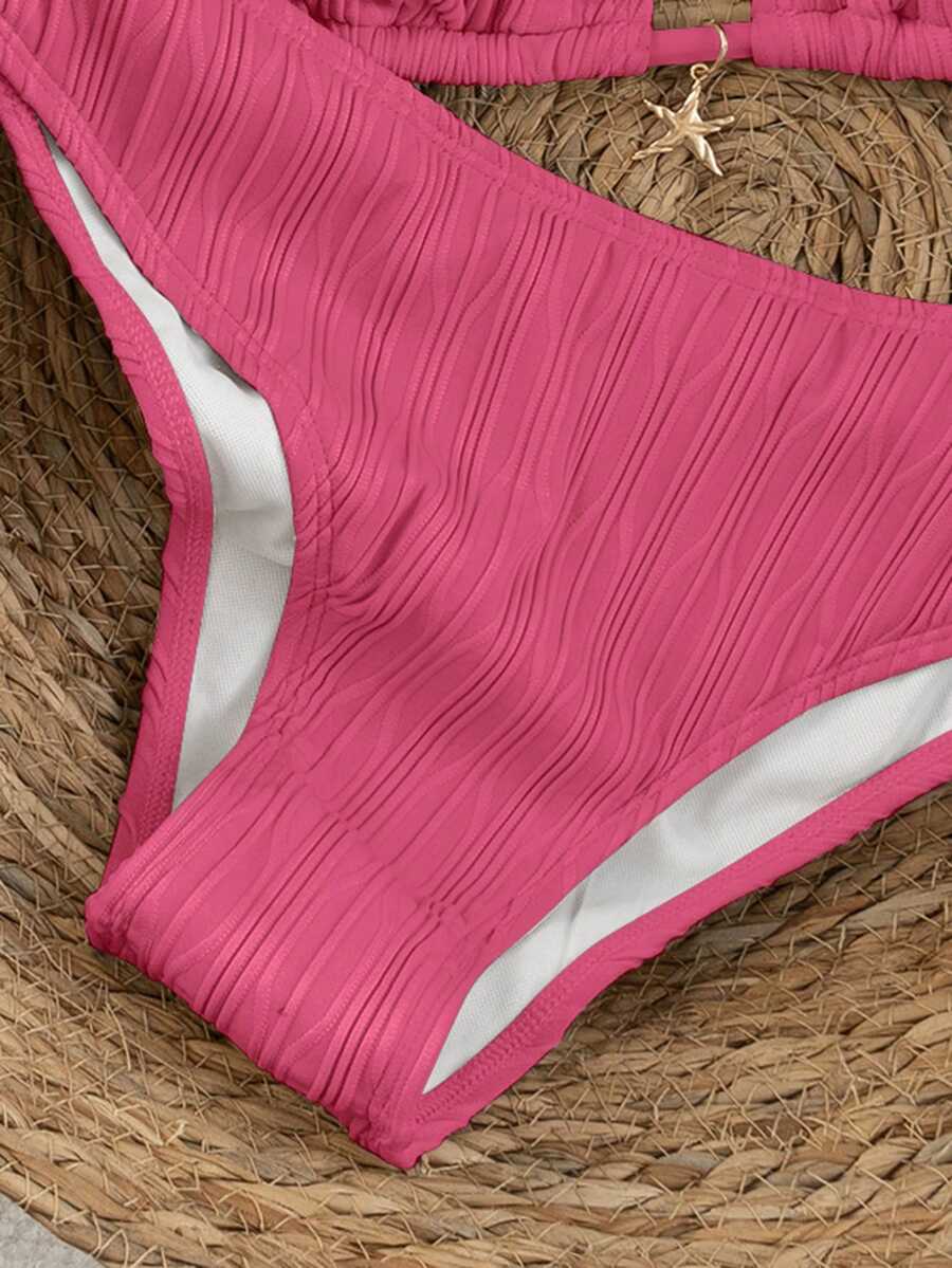Women's apricot 2-piece halter bikini set featuring a wireless triangle top with tie-back detail and high-waisted high-cut bottoms.