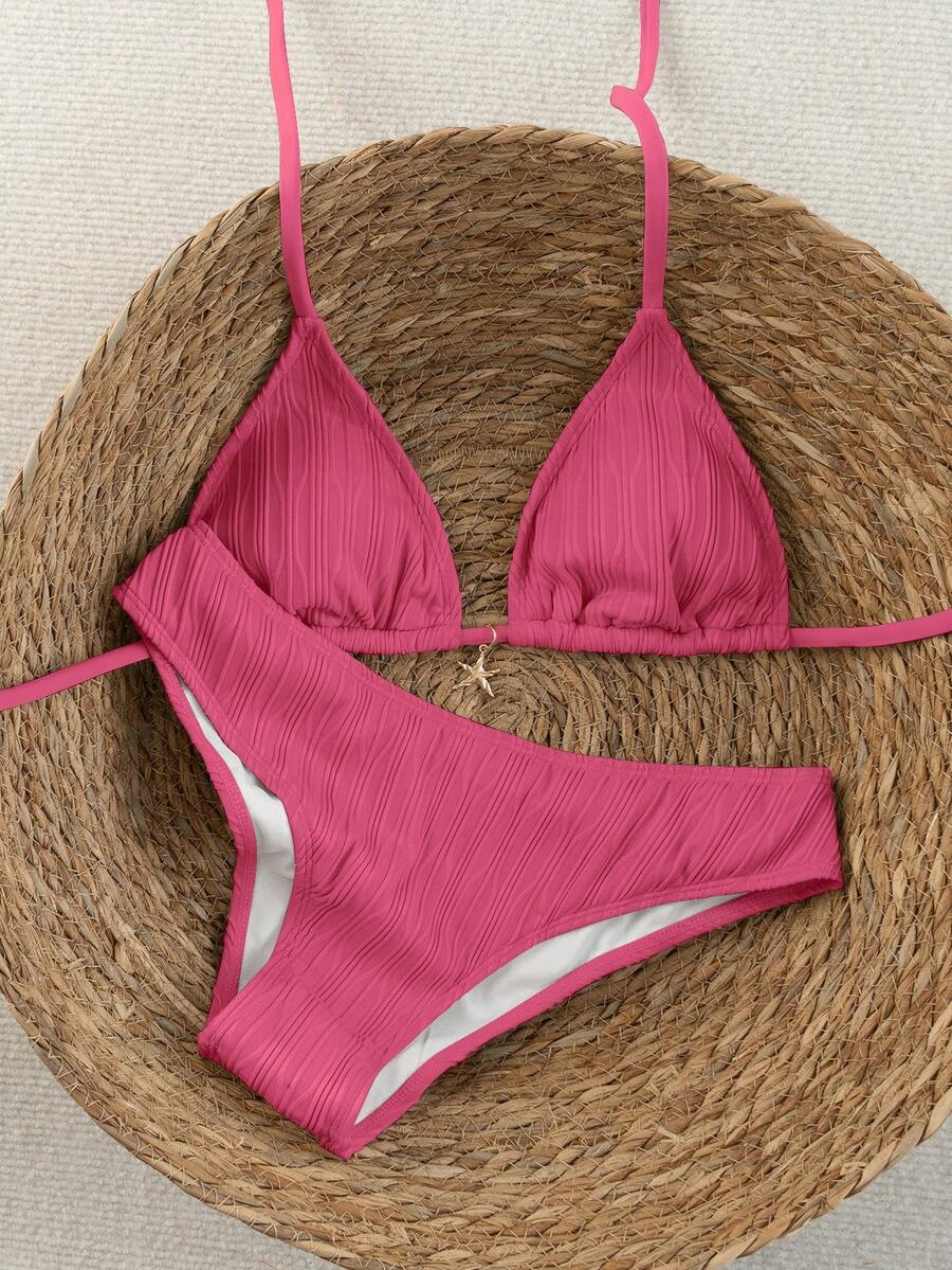 Women's apricot 2-piece halter bikini set featuring a wireless triangle top with tie-back detail and high-waisted high-cut bottoms.