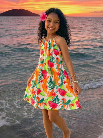 Tween girls sleeveless halter A-line dress with multicolor tropical fruit and vegetable all-over print, high waist, flounce hem, and zipper detail for summer vacation wear