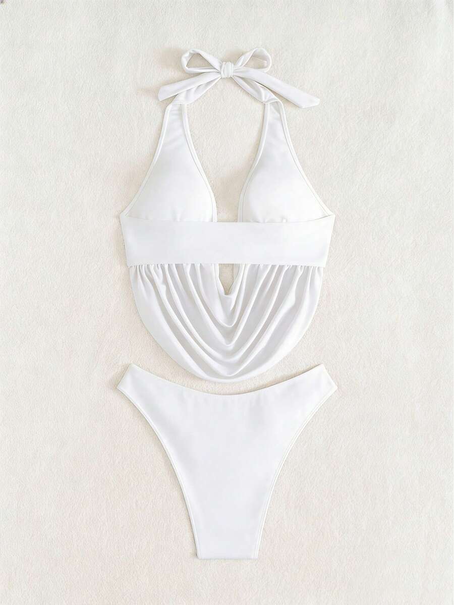 Women's 2-piece bikini set featuring a black deep V-neck lace-up crop top and high cut bikini bottom for beach and vacation wear.