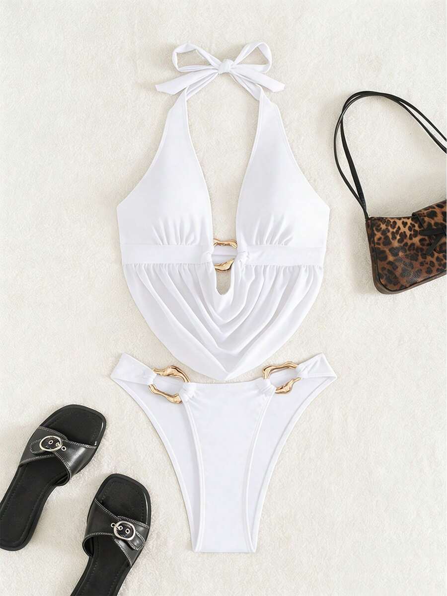Women's 2-piece bikini set featuring a black deep V-neck lace-up crop top and high cut bikini bottom for beach and vacation wear.