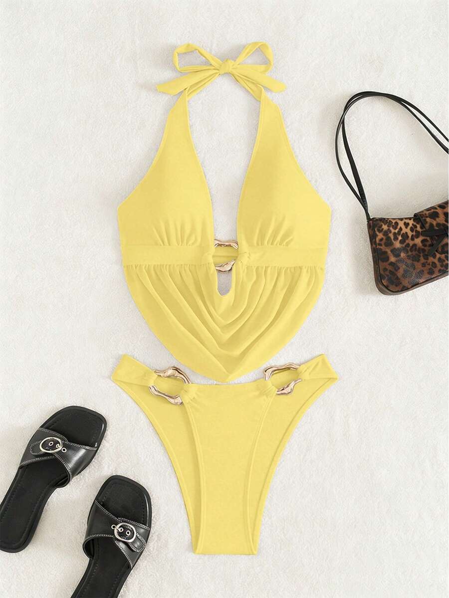 Women's 2-piece bikini set featuring a black deep V-neck lace-up crop top and high cut bikini bottom for beach and vacation wear.