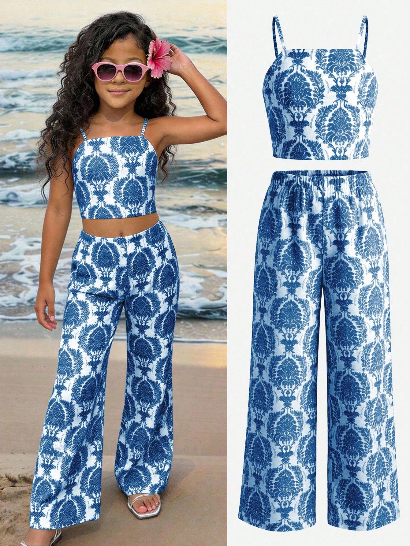 Tween girls casual 2-piece set featuring an apricot woven camisole crop top with back shirring and matching high-waisted loose long pants.
