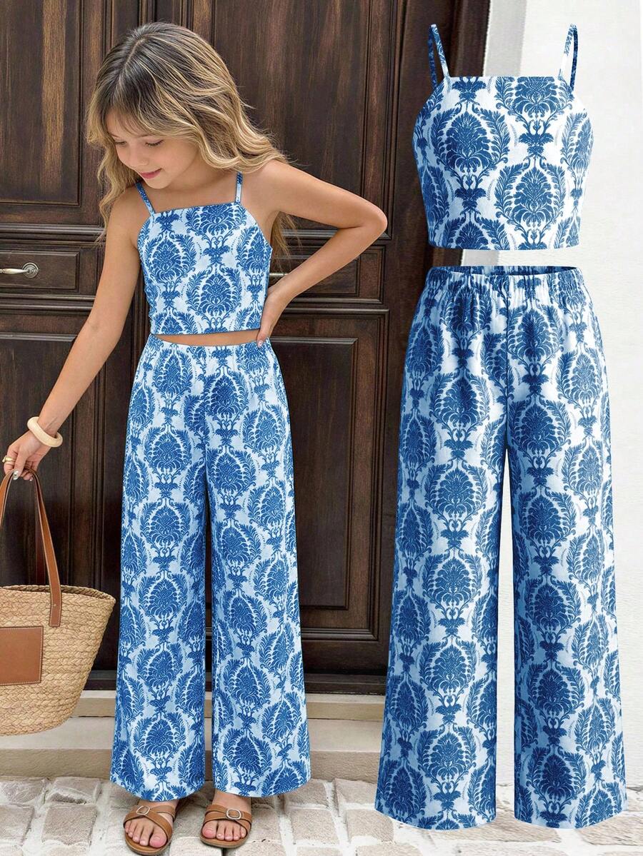 Tween girls casual 2-piece set featuring an apricot woven camisole crop top with back shirring and matching high-waisted loose long pants.