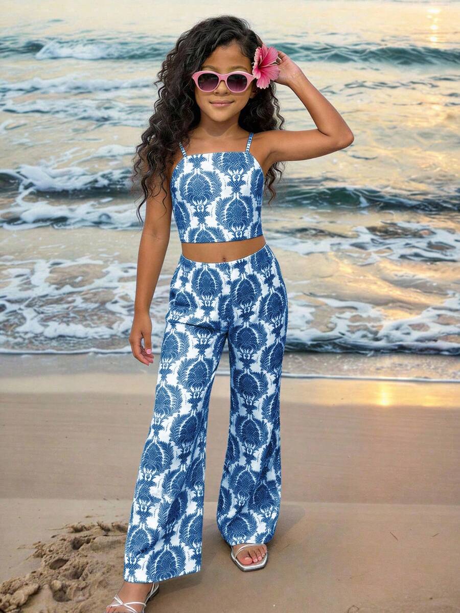 Tween girls casual 2-piece set featuring an apricot woven camisole crop top with back shirring and matching high-waisted loose long pants.