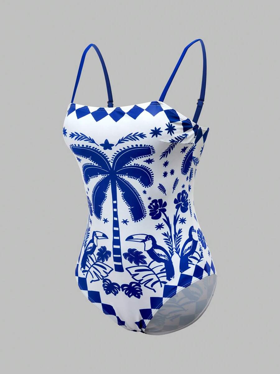 Swim Oasis women's tropical palm tree print army green one-piece swimsuit featuring spaghetti straps, removable padding, and matching shorts for beach vacations.