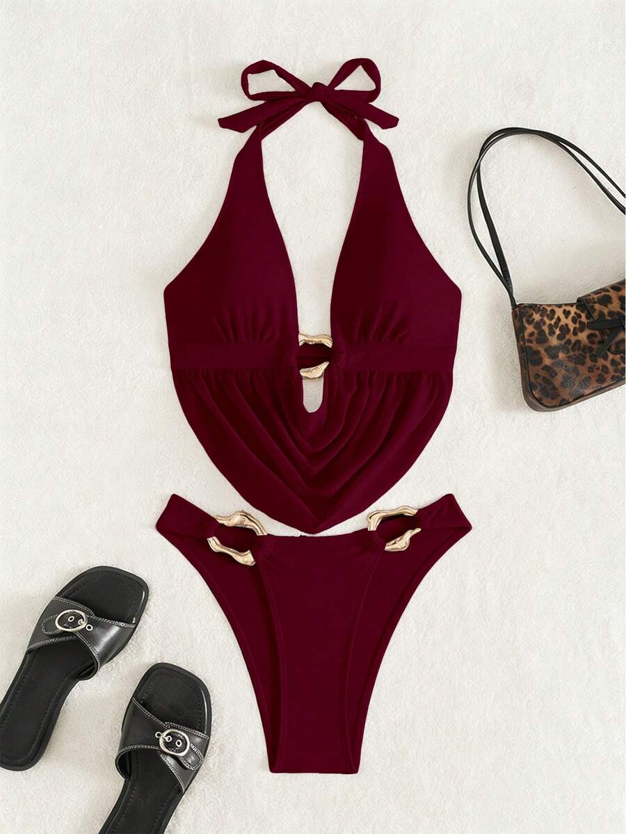 Women's 2-piece bikini set featuring a black deep V-neck lace-up crop top and high cut bikini bottom for beach and vacation wear.