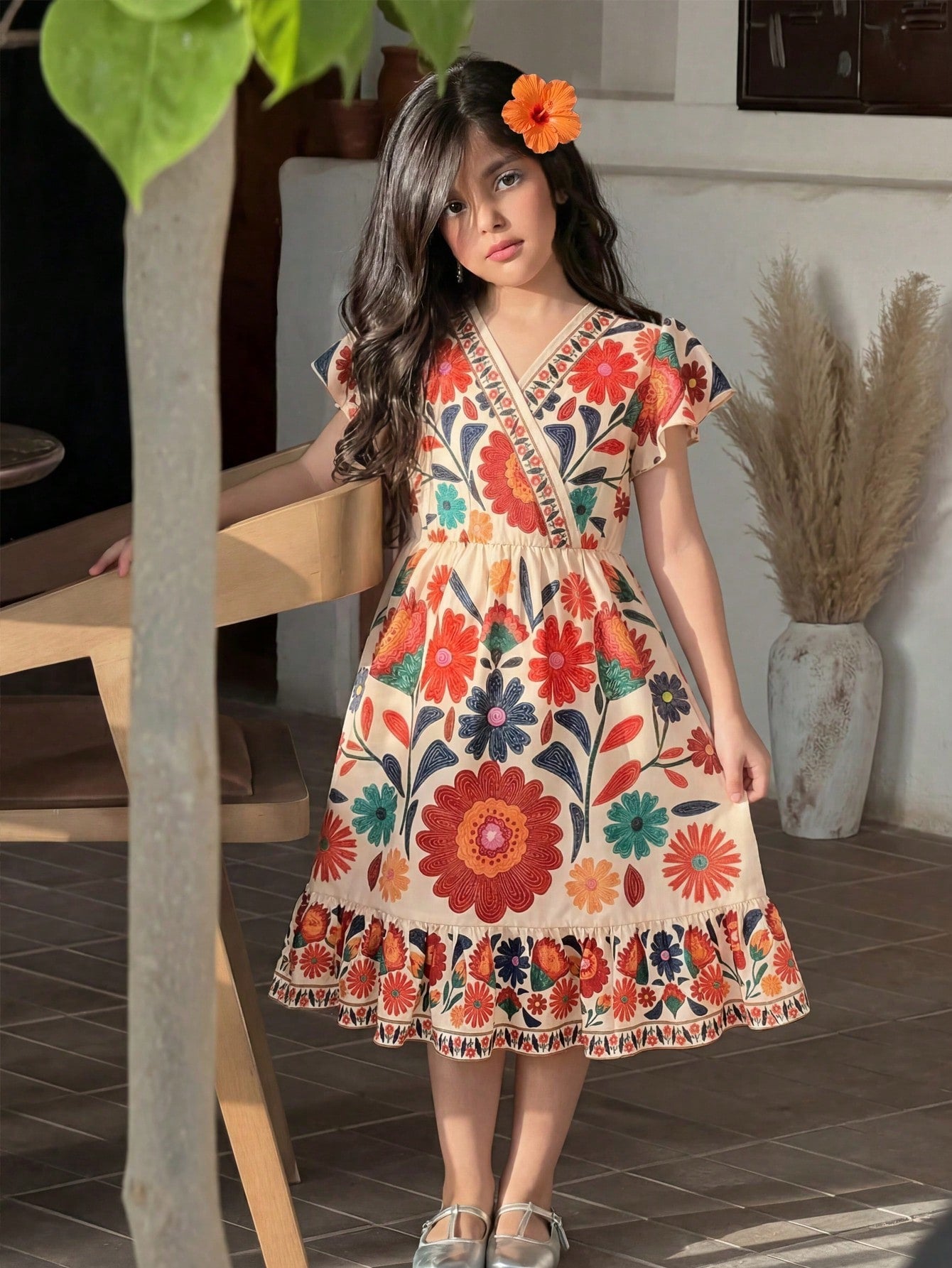 Tween girl wearing a black ditsy floral A-line short dress with V-neckline and flounce short sleeves.