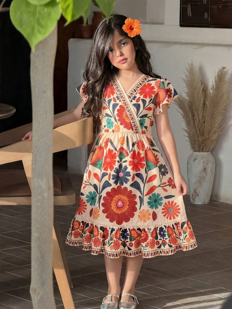 Tween girl wearing a black ditsy floral A-line short dress with V-neckline and flounce short sleeves.