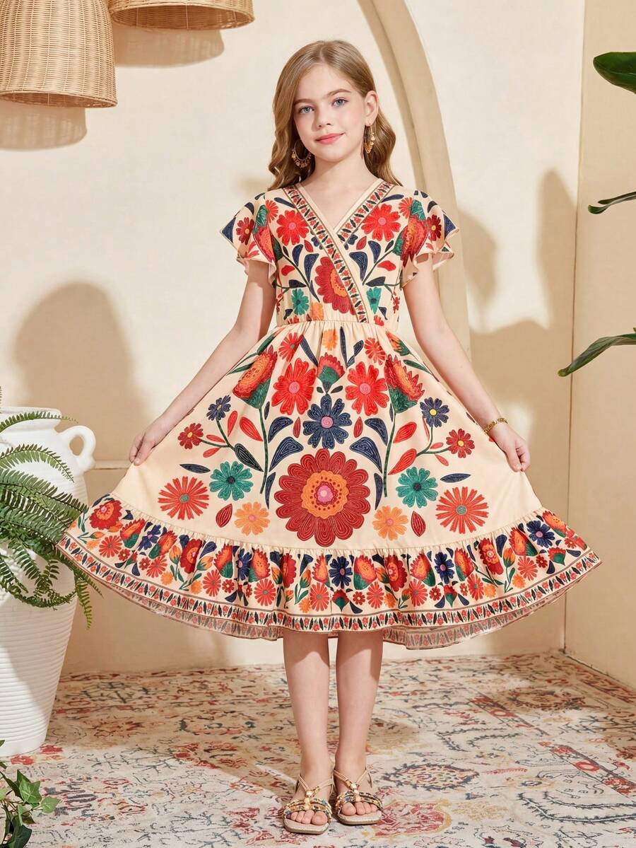 Tween girl wearing a black ditsy floral A-line short dress with V-neckline and flounce short sleeves.
