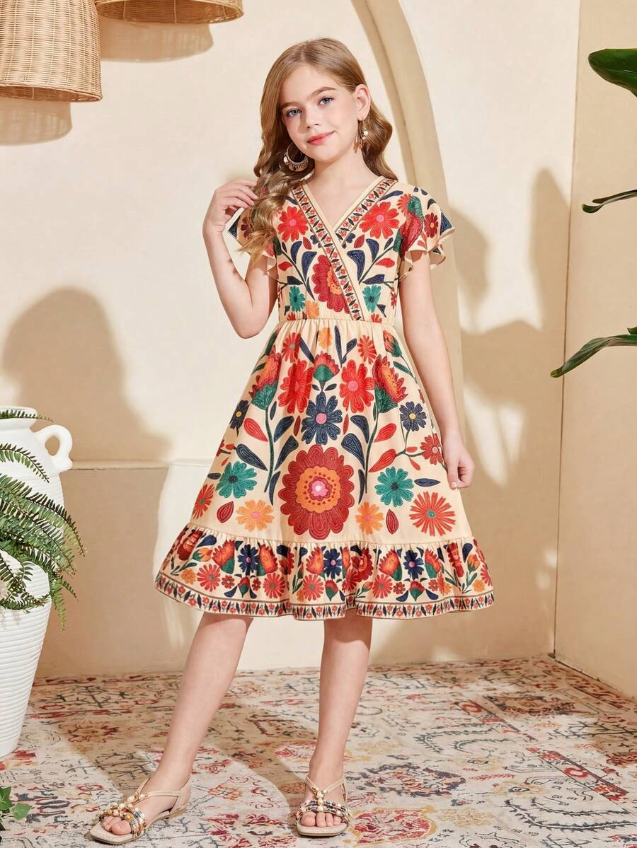 Tween girl wearing a black ditsy floral A-line short dress with V-neckline and flounce short sleeves.