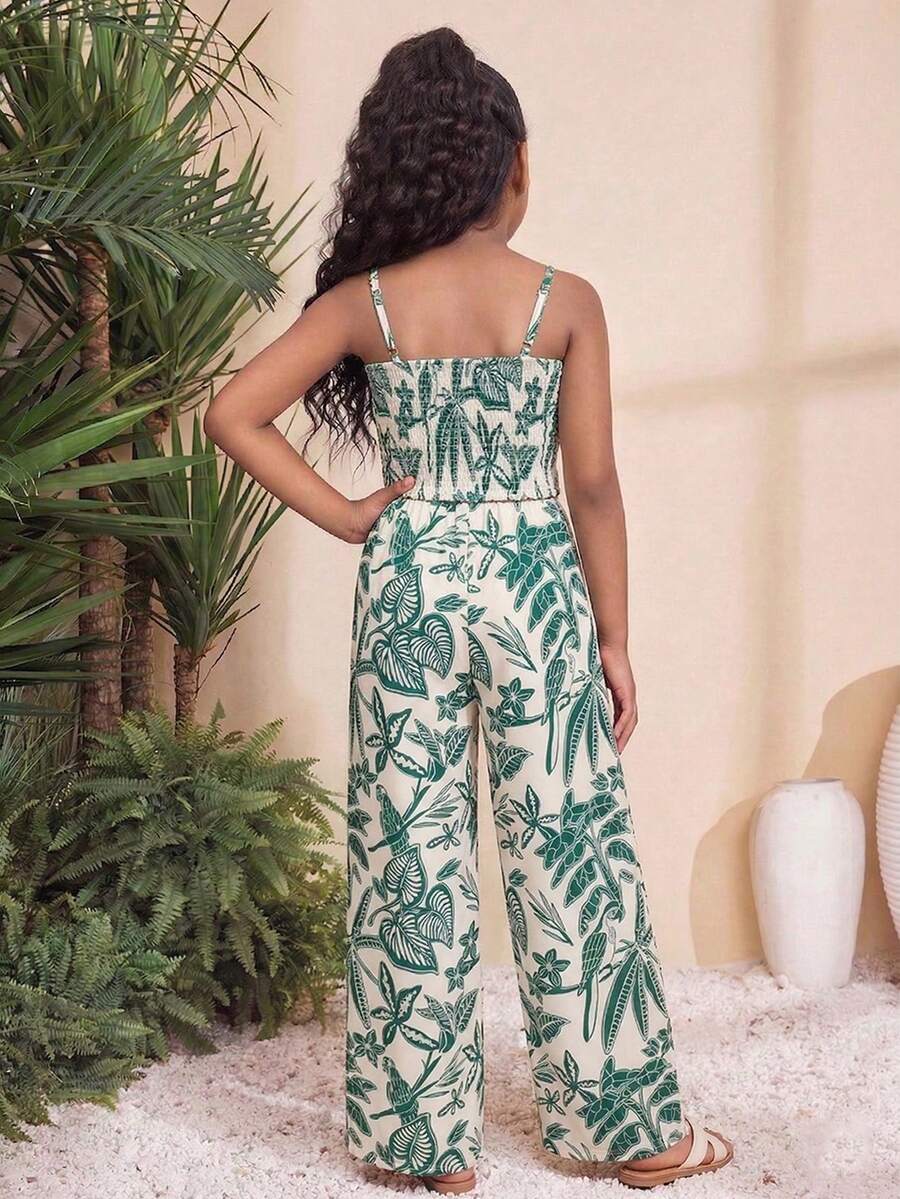 Tween girls casual 2-piece set featuring an apricot woven camisole crop top with back shirring and matching high-waisted loose long pants.