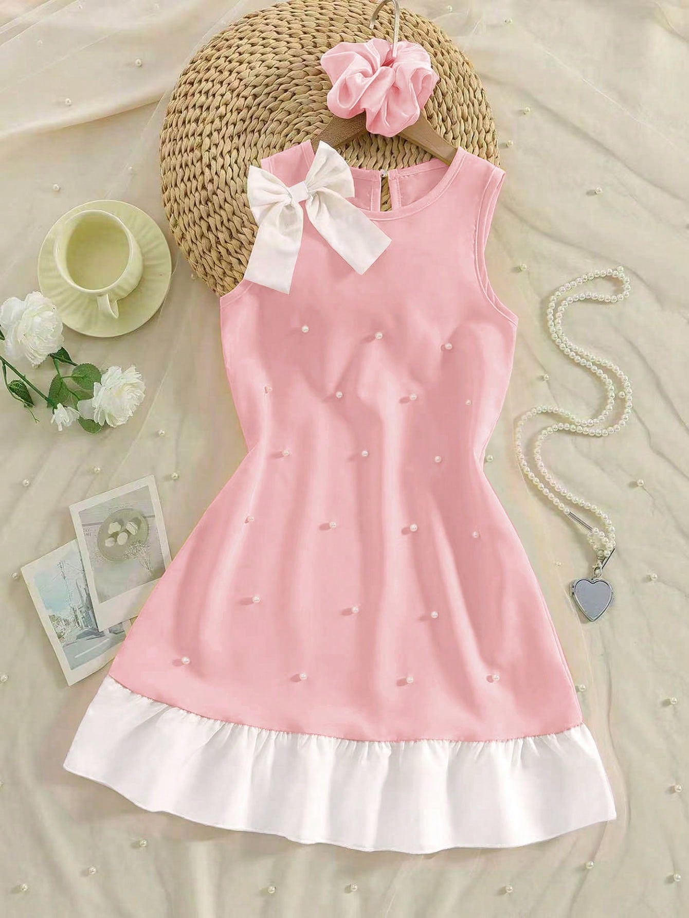 Yellow sleeveless colorblock dress for girls featuring a round neck, ruffle hem, and front bow detail.