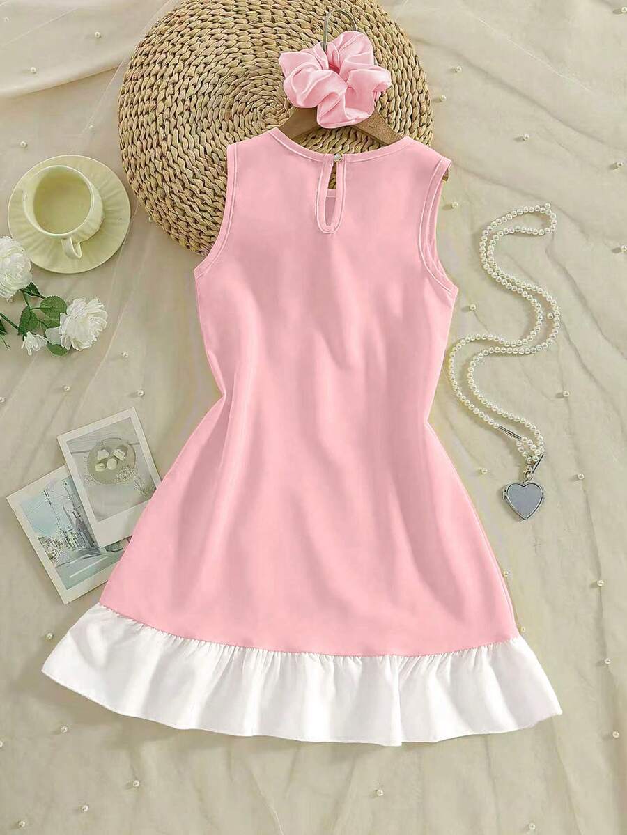 Yellow sleeveless colorblock dress for girls featuring a round neck, ruffle hem, and front bow detail.