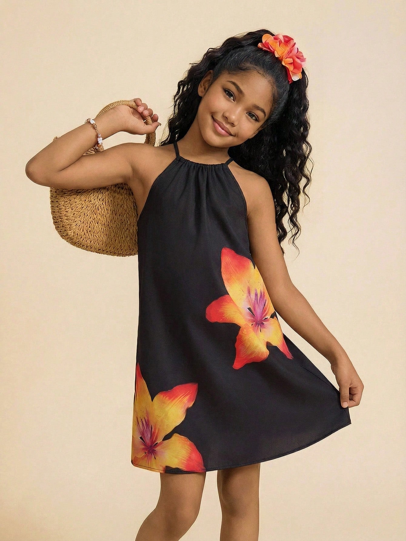 Tween girls floral halter A-line dress with contrast lace, applique and fringe details, sleeveless short length in polyester