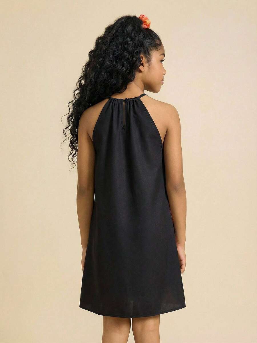 Tween girls floral halter A-line dress with contrast lace, applique and fringe details, sleeveless short length in polyester