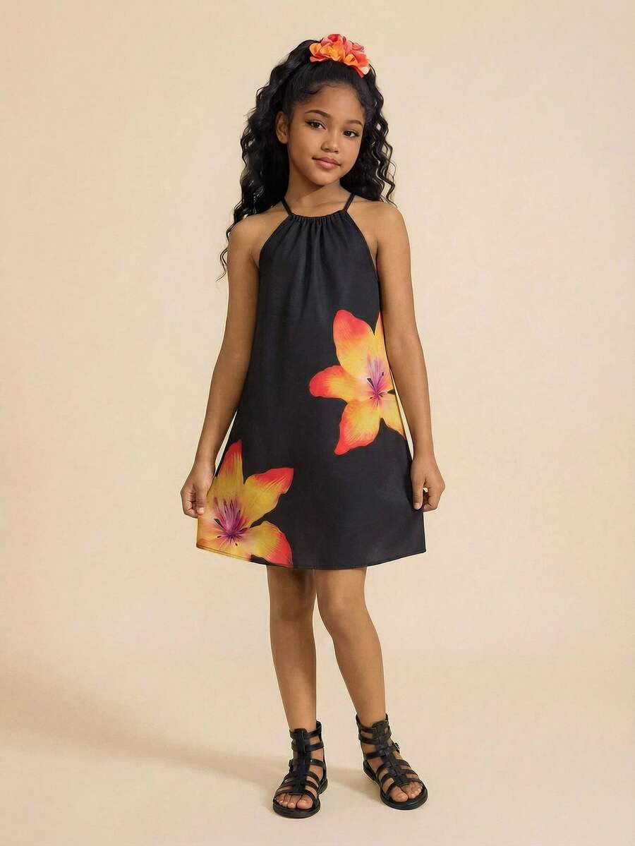 Tween girls floral halter A-line dress with contrast lace, applique and fringe details, sleeveless short length in polyester