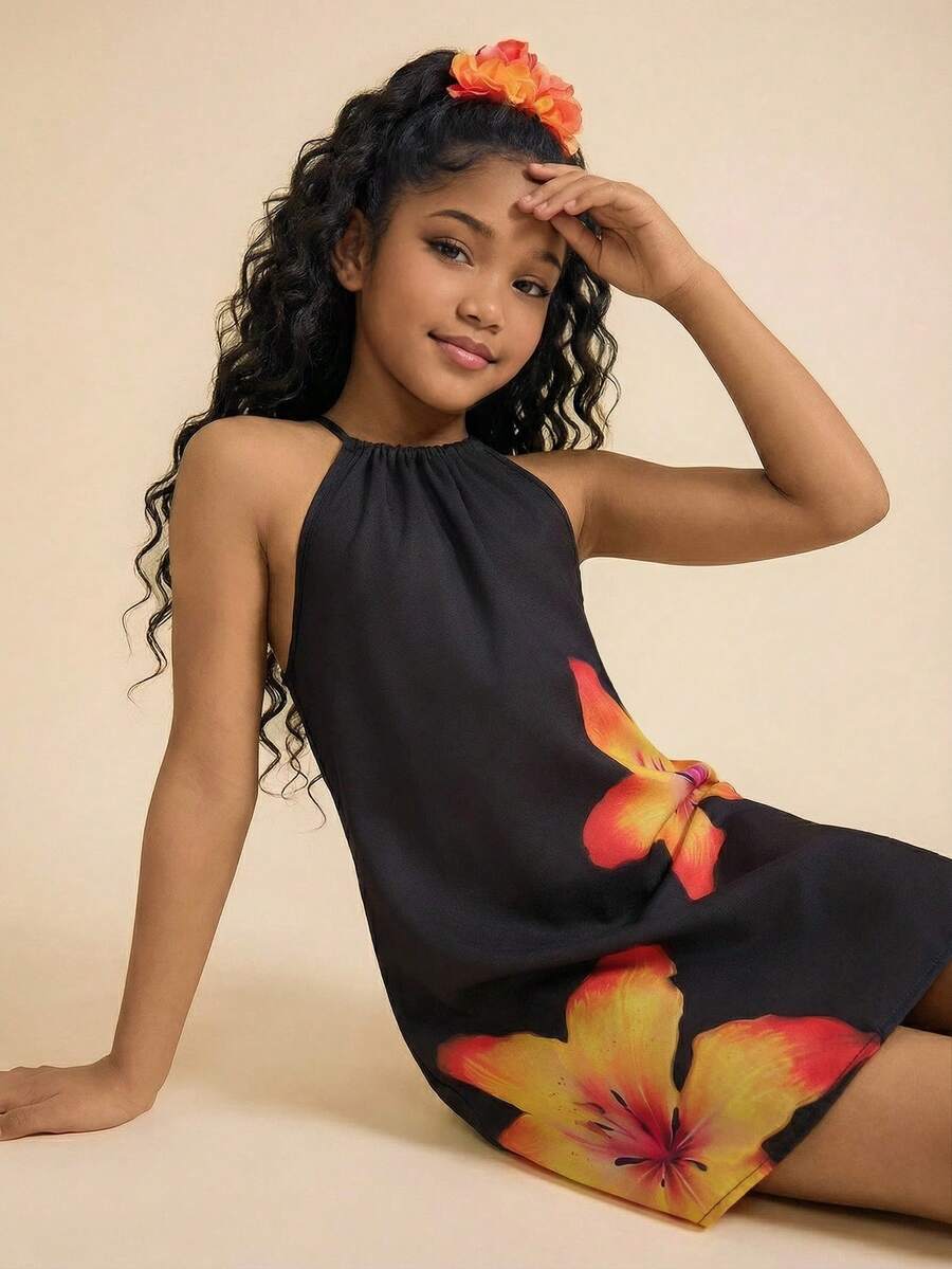 Tween girls floral halter A-line dress with contrast lace, applique and fringe details, sleeveless short length in polyester
