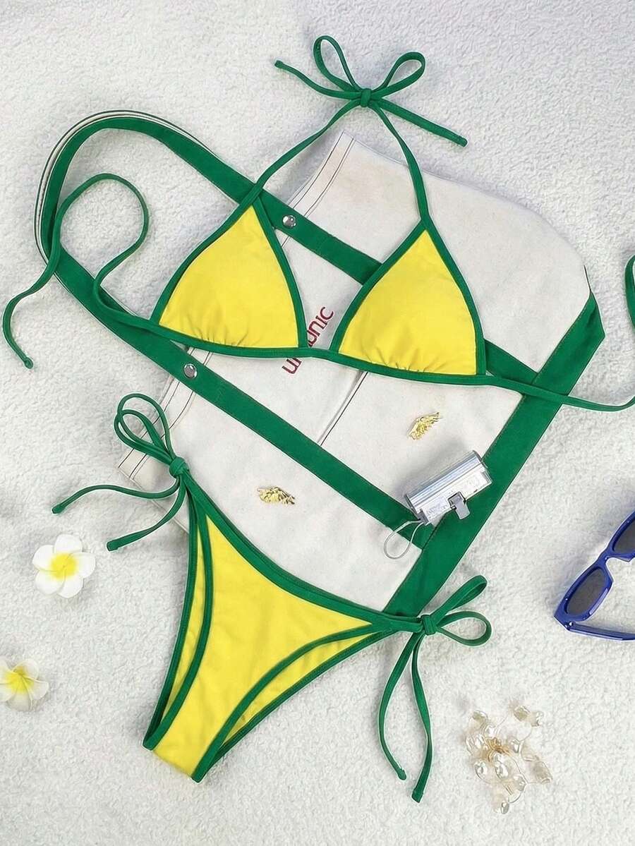 Women's apricot solid halter tie bikini top with triangle cups and matching tie-side swimsuit bottoms.