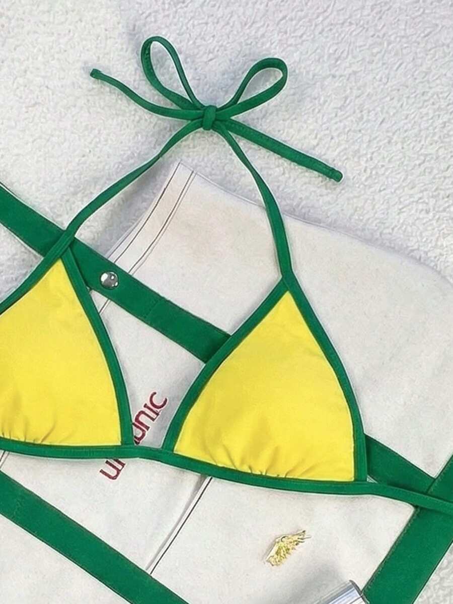 Women's apricot solid halter tie bikini top with triangle cups and matching tie-side swimsuit bottoms.