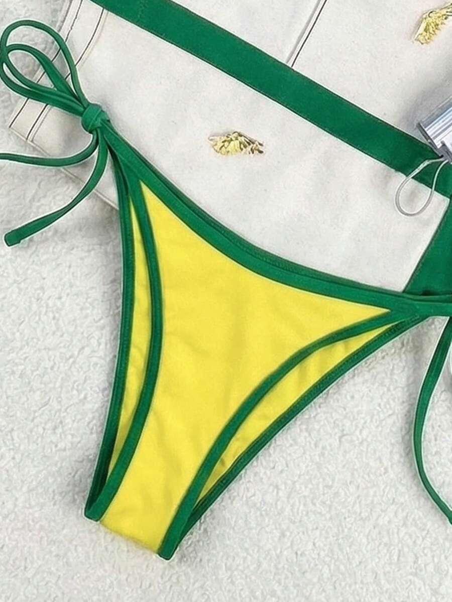 Women's apricot solid halter tie bikini top with triangle cups and matching tie-side swimsuit bottoms.