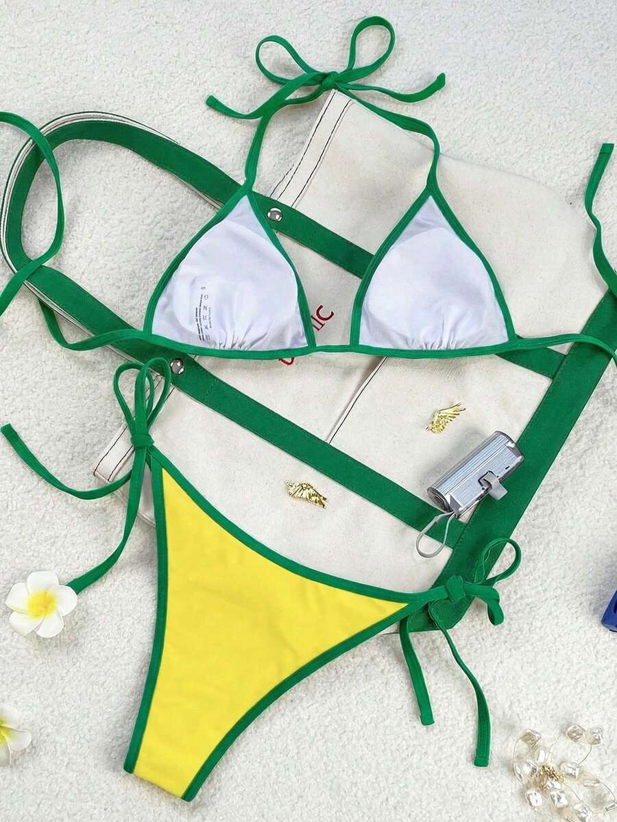 Women's apricot solid halter tie bikini top with triangle cups and matching tie-side swimsuit bottoms.