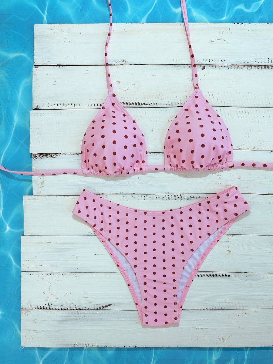 Women's apricot 2-piece halter bikini set featuring a wireless triangle top with tie-back detail and high-waisted high-cut bottoms.