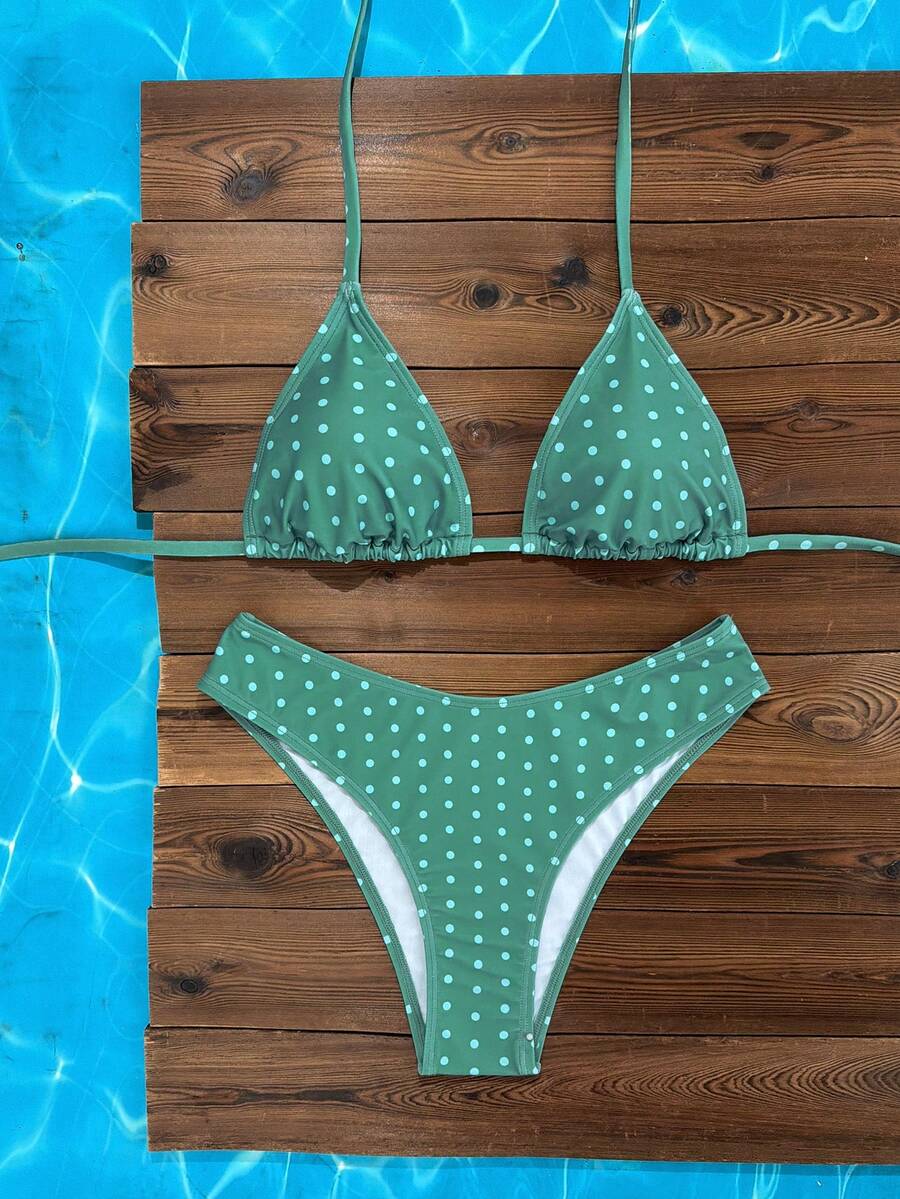 Women's apricot 2-piece halter bikini set featuring a wireless triangle top with tie-back detail and high-waisted high-cut bottoms.