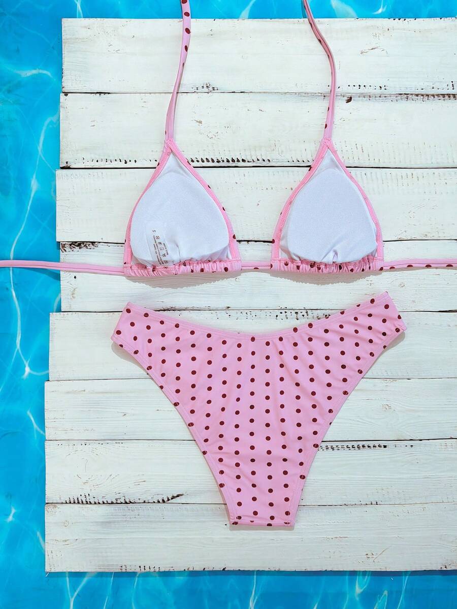 Women's apricot 2-piece halter bikini set featuring a wireless triangle top with tie-back detail and high-waisted high-cut bottoms.