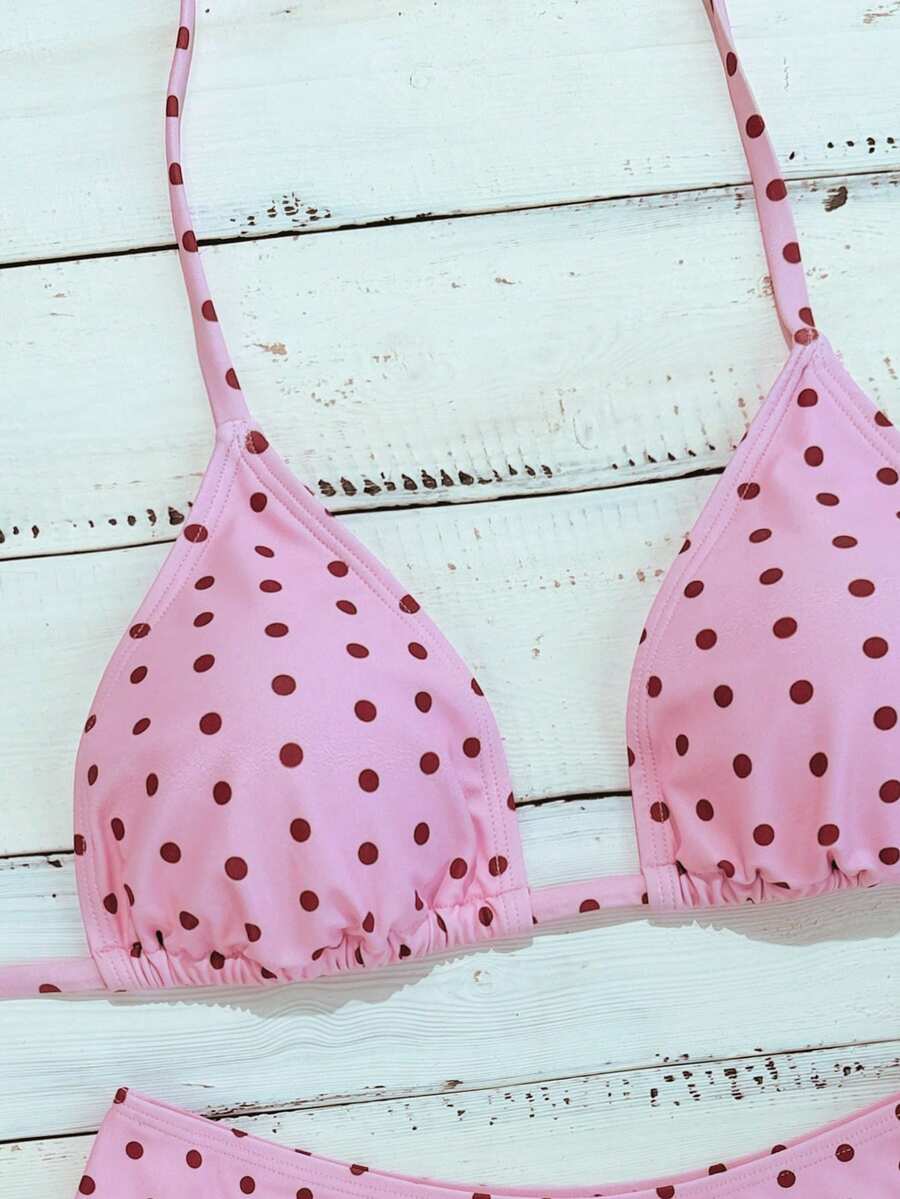 Women's apricot 2-piece halter bikini set featuring a wireless triangle top with tie-back detail and high-waisted high-cut bottoms.