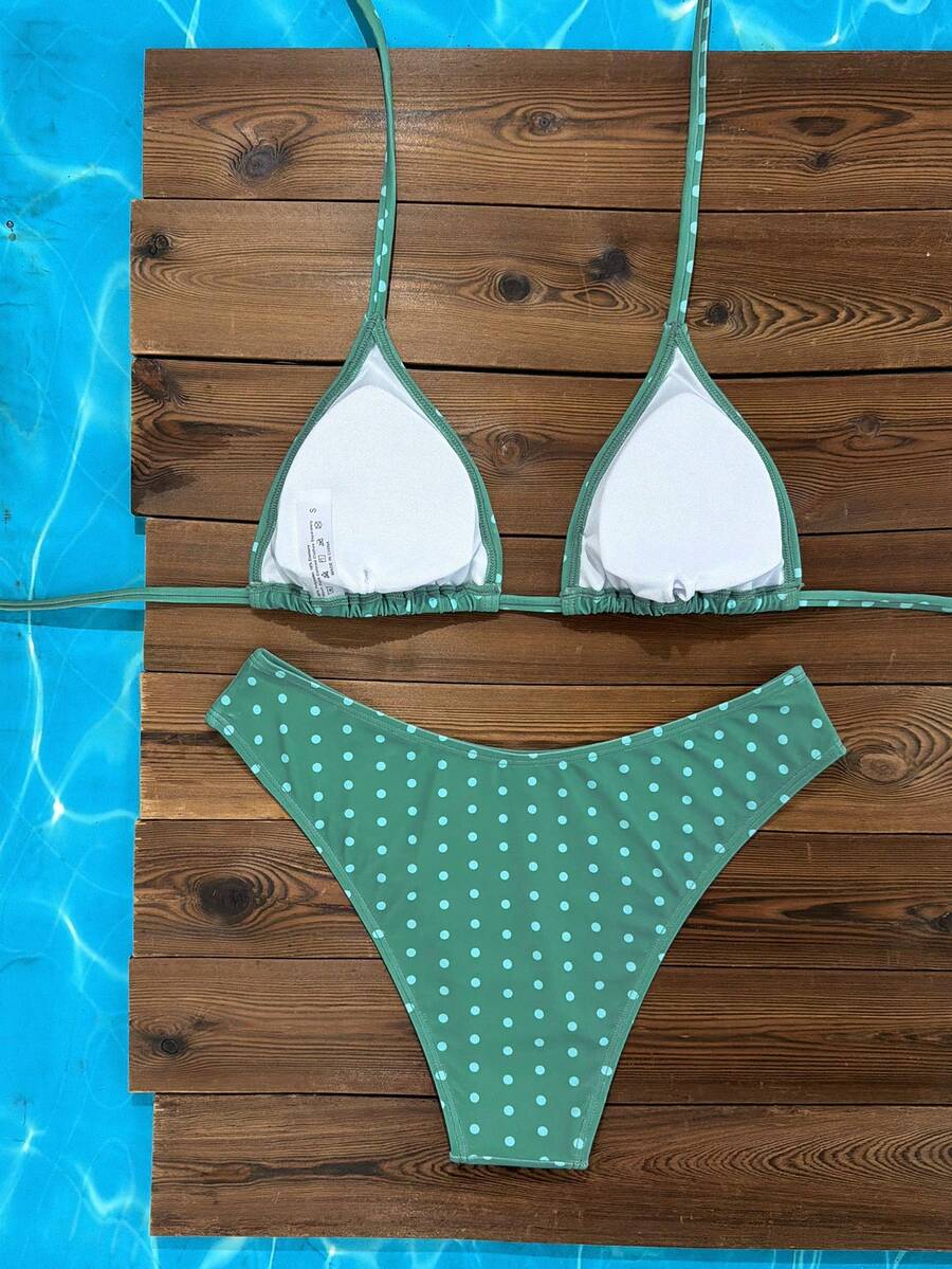 Women's apricot 2-piece halter bikini set featuring a wireless triangle top with tie-back detail and high-waisted high-cut bottoms.