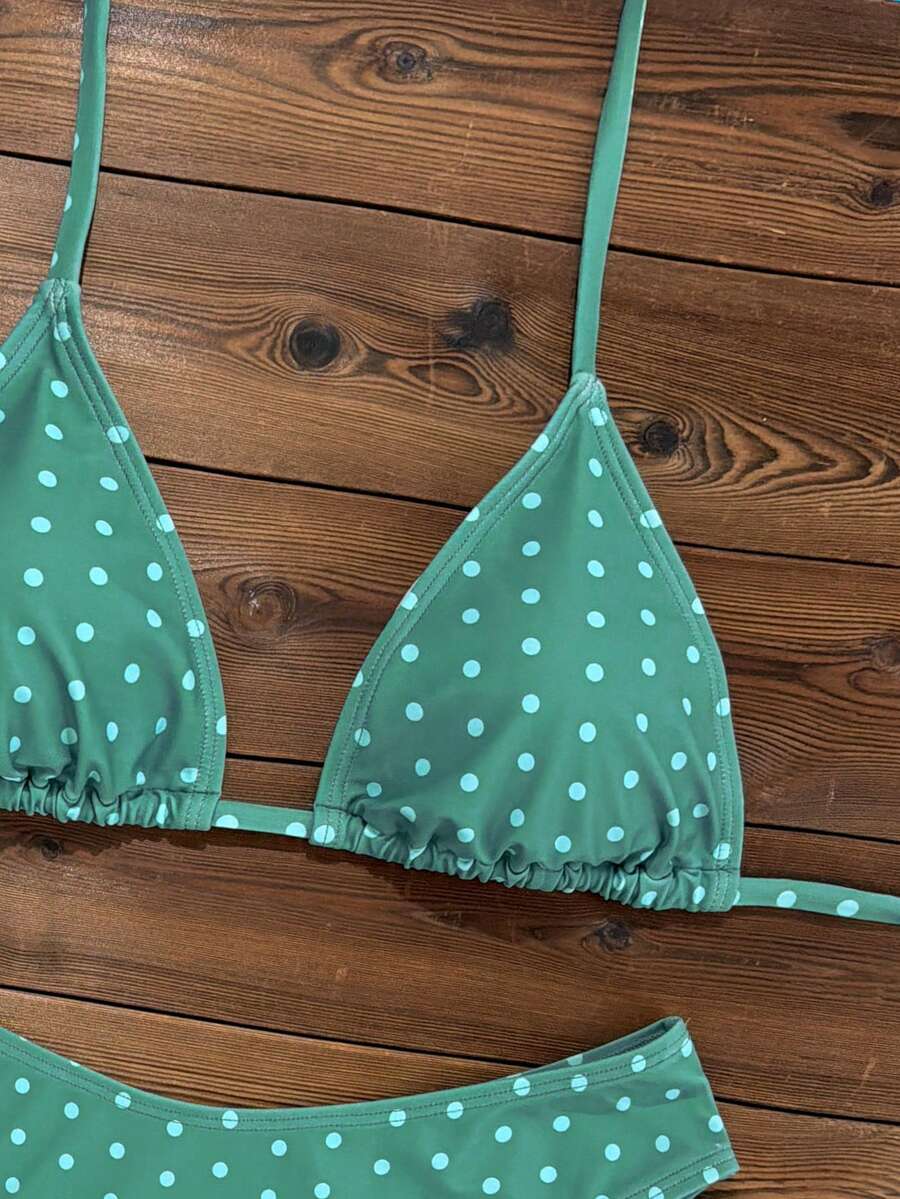 Women's apricot 2-piece halter bikini set featuring a wireless triangle top with tie-back detail and high-waisted high-cut bottoms.