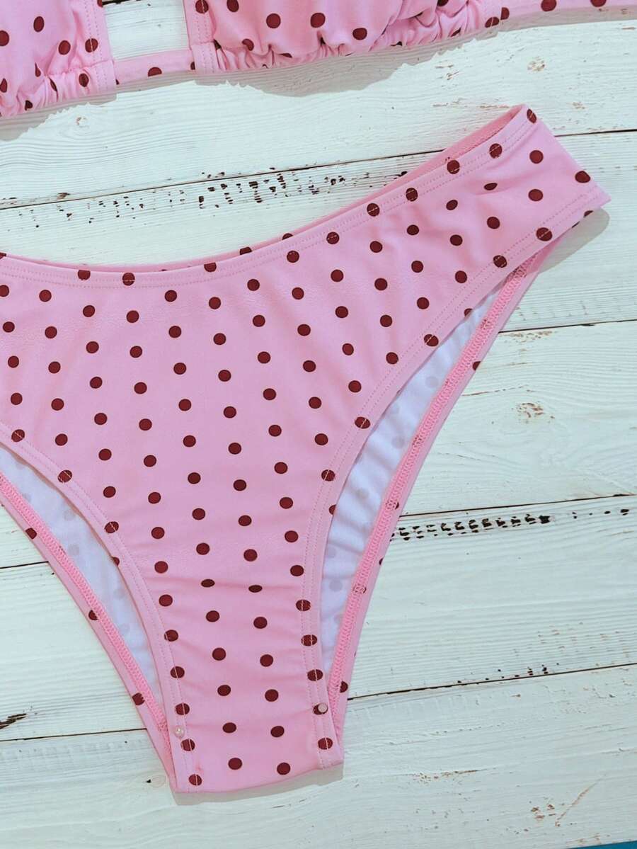 Women's apricot 2-piece halter bikini set featuring a wireless triangle top with tie-back detail and high-waisted high-cut bottoms.