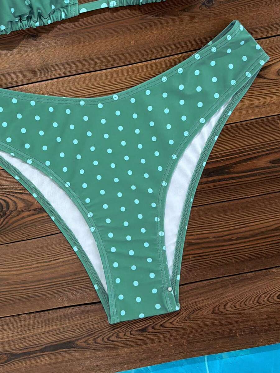 Women's apricot 2-piece halter bikini set featuring a wireless triangle top with tie-back detail and high-waisted high-cut bottoms.