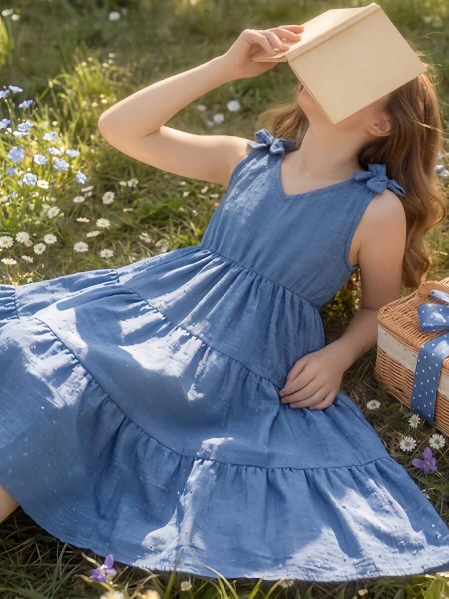 Girls sleeveless blue tiered dress featuring a V-neckline, high waist, and A-line skirt.