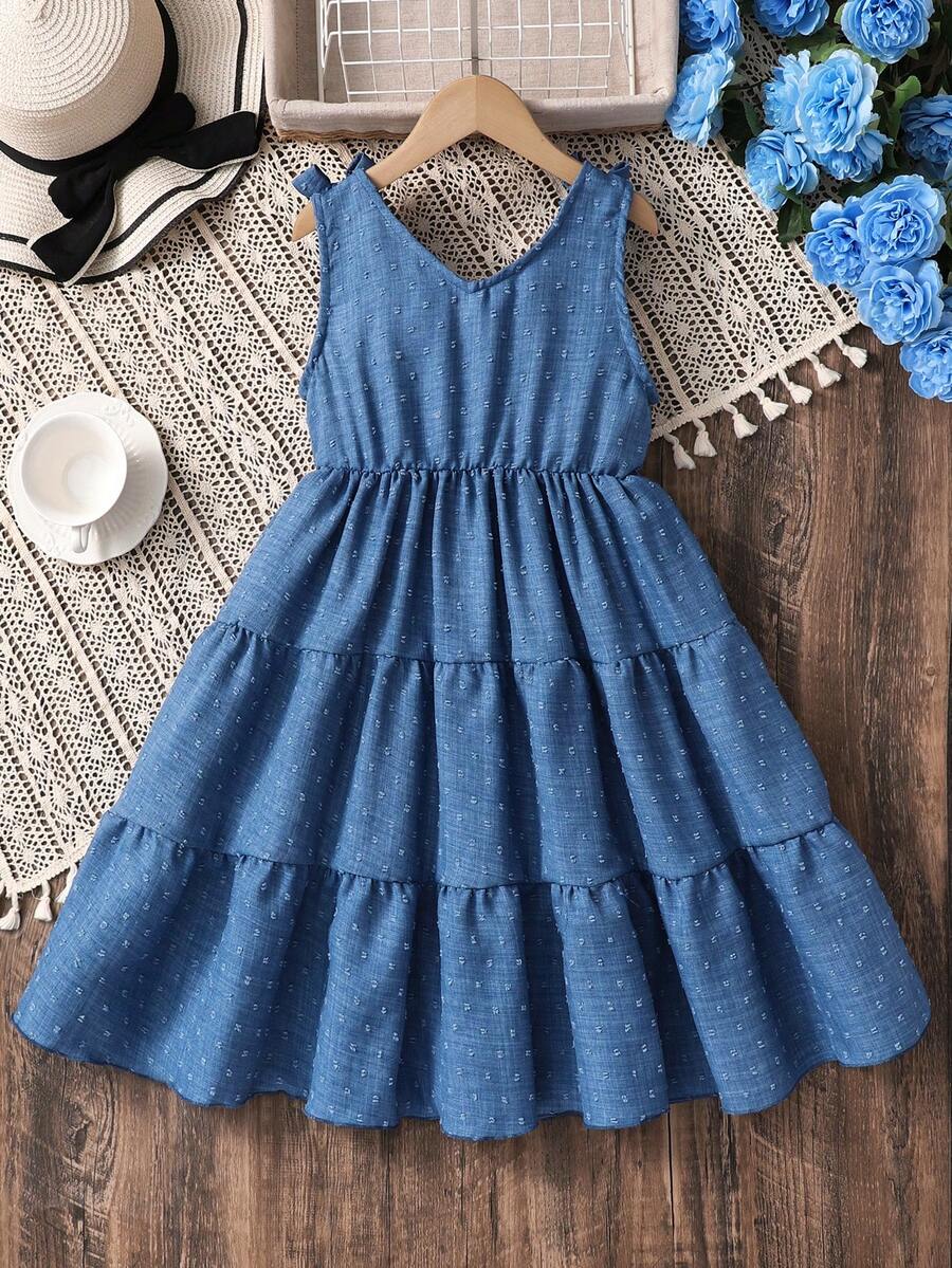 Girls sleeveless blue tiered dress featuring a V-neckline, high waist, and A-line skirt.