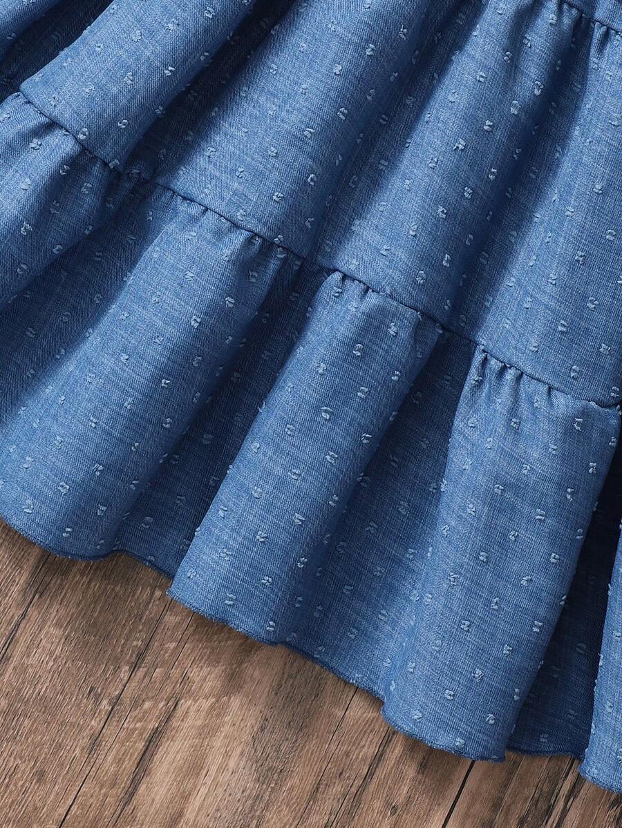 Girls sleeveless blue tiered dress featuring a V-neckline, high waist, and A-line skirt.