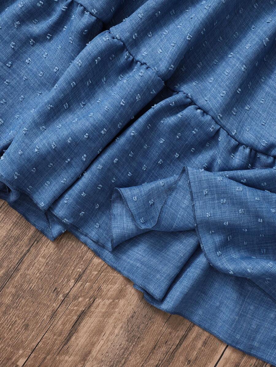 Girls sleeveless blue tiered dress featuring a V-neckline, high waist, and A-line skirt.