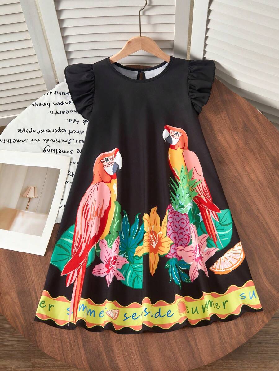 Tween girls sleeveless tropical floral mini dress in black with round neck and ruffle hem detail