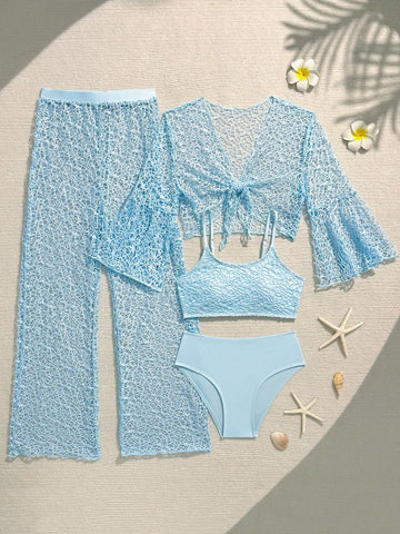 Tween girls beige bikini set with long sleeve round neck top, hollow-out asymmetrical details, mid-waist bottoms, and cover up for beach or vacation swimwear