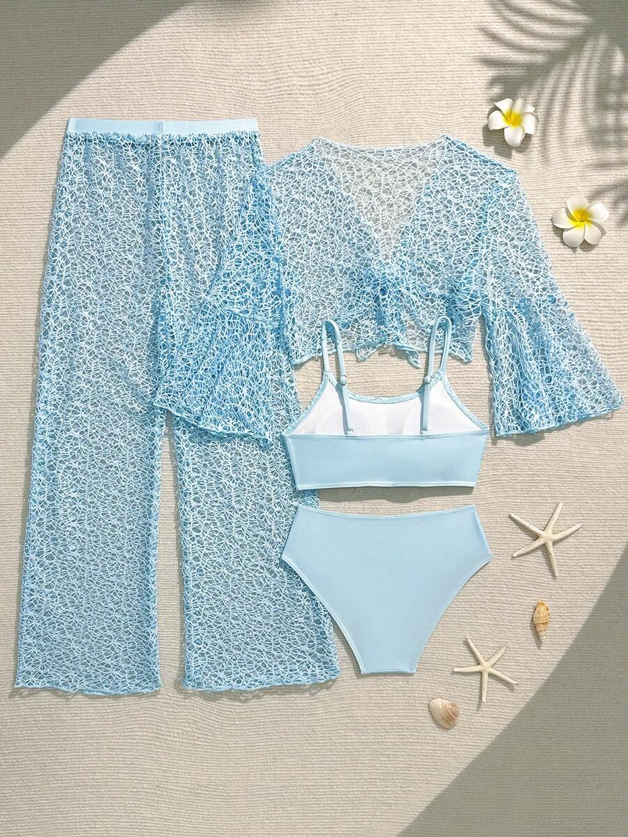 Tween girls beige bikini set with long sleeve round neck top, hollow-out asymmetrical details, mid-waist bottoms, and cover up for beach or vacation swimwear
